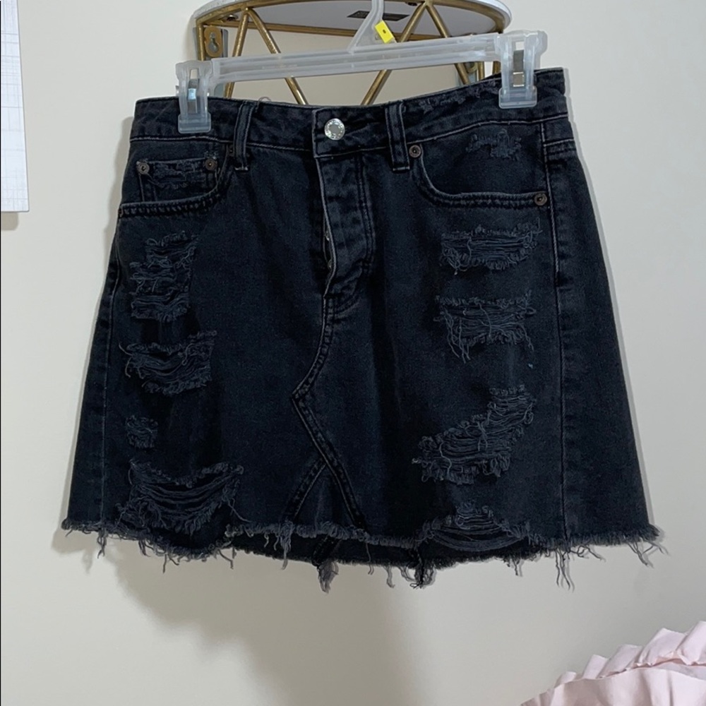 Black Distressed Denim Skirt